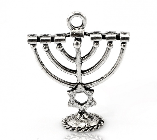 Picture of Zinc Metal Alloy 3D Charm Pendants Candle Menorah Antique Silver Color 27mm x 24mm(1 1/8"x1"), 10 PCs