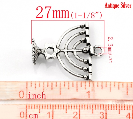 Picture of Zinc Metal Alloy 3D Charm Pendants Candle Menorah Antique Silver Color 27mm x 24mm(1 1/8"x1"), 10 PCs