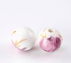 Picture of Ceramics Beads Round White Fuchsia Flower Pattern About 12mm Dia, Hole: Approx 2.5mm, 30 PCs