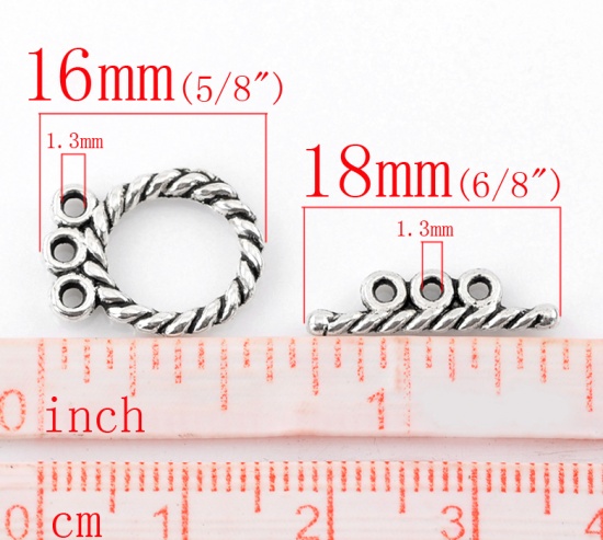 Picture of Zinc Based Alloy Toggle Clasps Round Antique Silver Color Stripe Carved 16mm x 12mm 18mm x 5mm, 30 Sets