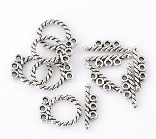 Picture of Zinc Based Alloy Toggle Clasps Round Antique Silver Color Stripe Carved 16mm x 12mm 18mm x 5mm, 30 Sets