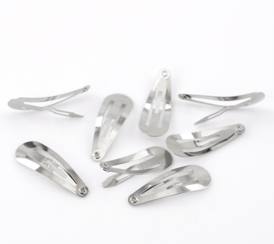 Picture of Iron Based Alloy Snap Hair Clips Teardrop Silver Tone 31mm x 11mm, 100 PCs