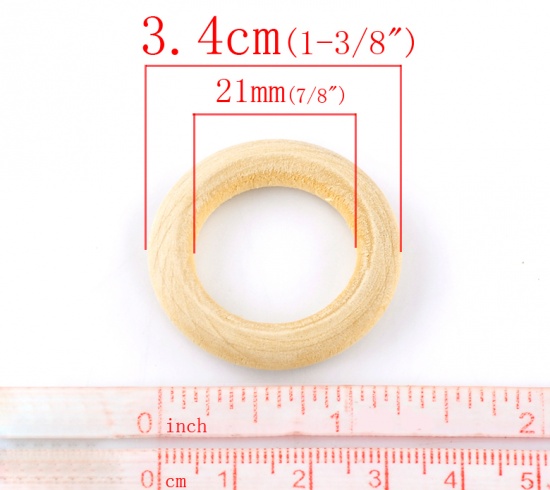 Picture of 50 PCs Natural Wood Connectors Charms Pendants Beige Circle Ring 3.4cm Dia.