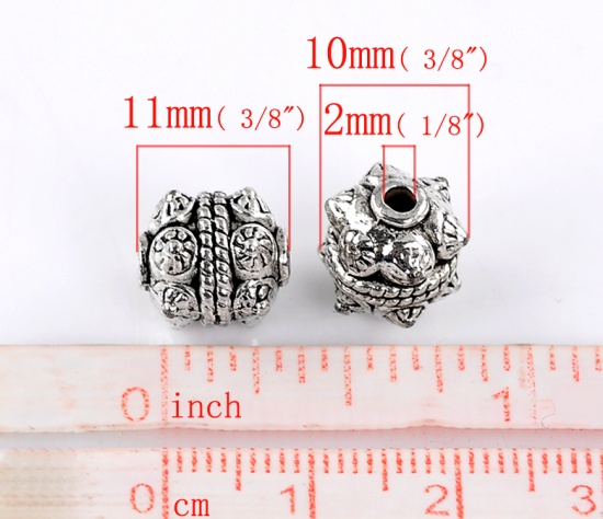 Picture of Zinc Based Alloy Spacer Beads Cylinder Antique Silver Color Pattern Carved About 11mm x 10mm, Hole:Approx 2mm, 20 PCs