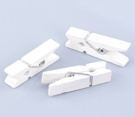 Picture of Wood Photo Paper Clothes Clothespin Clips Note Pegs White 35mm(1 3/8") x 7mm( 2/8"), 50 PCs