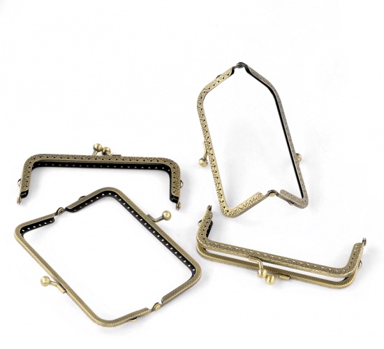 Picture of Iron Based Alloy Kiss Clasp Lock Purse Frame Rectangle Antique Bronze 12.7x6.6cm(5"x2 5/8"), Open Size: 12.3x12.5cm(4 7/8"x4 7/8"), 2 PCs