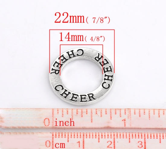 Immagine di Lega di Zinco Charm Ciondoli Anello Argento Antico Lettere Disegno Messaggio Cheer Intagliato 22.0mm Dia, 30 Pz