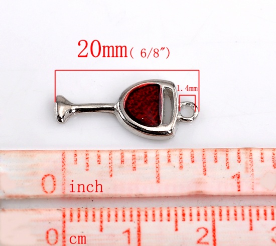 Picture of Zinc Based Alloy Charms Tableware Wine Glass Goblet Silver Tone Enamel 20mm( 6/8") x 9mm( 3/8"), 20 PCs 
