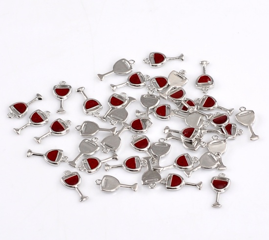 Picture of Zinc Based Alloy Charms Tableware Wine Glass Goblet Silver Tone Enamel 20mm( 6/8") x 9mm( 3/8"), 20 PCs 