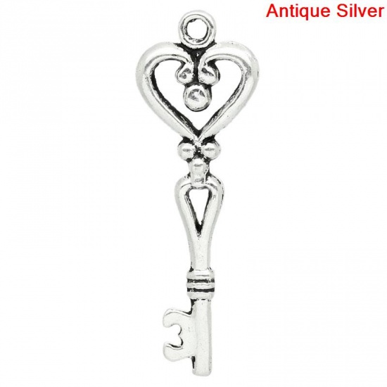 Picture of Charm Pendants Love Heart Key Antique Silver Color 4.2x1.5cm,30PCs