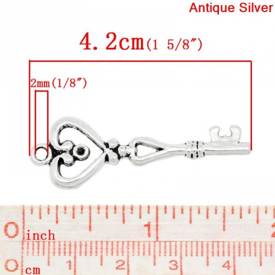Picture of Charm Pendants Love Heart Key Antique Silver Color 4.2x1.5cm,30PCs
