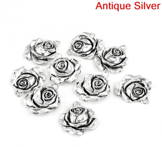 Picture of Charm Pendants Rose Flower Antique Silver Color 3.6x3.3cm,10PCs