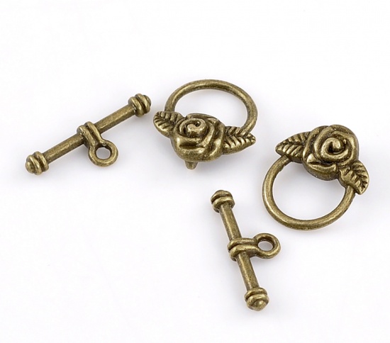 Picture of Brass Toggle Clasps Irregular Antique Bronze Flower Carved 19mm x17mm( 6/8" x 5/8") 23mm x7mm( 7/8" x 2/8"), 20 Sets                                                                                                                                          