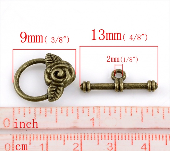 Picture of Brass Toggle Clasps Irregular Antique Bronze Flower Carved 19mm x17mm( 6/8" x 5/8") 23mm x7mm( 7/8" x 2/8"), 20 Sets                                                                                                                                          