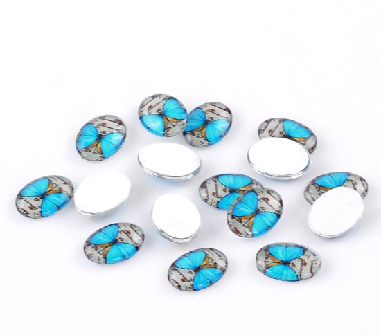 Immagine di Vetro Cupola CabochonCabochon per Abbellimento Ovale Flatback Blu Farfalla Disegno 18mm x 13mm, 30 Pz