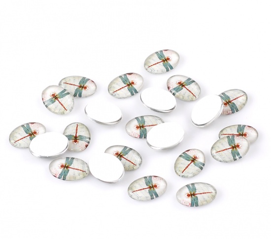 Immagine di Vetro Cupola CabochonCabochon per Abbellimento Ovale Flatback Multicolore Libellula Disegno 18mm x 13mm, 30 Pz