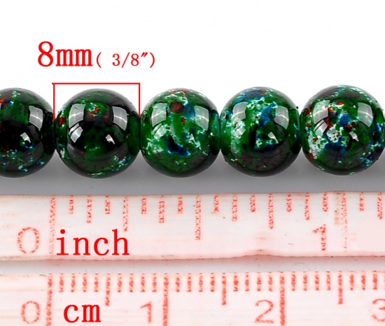 ガラスビーズ 円形 緑 パターンパターン 約 8mm直径、 穴：約 1mm、 80cm長さ、 5 連 （約 105PCS /一連） の画像