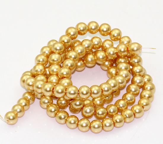 Picture of Glass Pearl Imitation Beads Round Champagne Gold About 8mm Dia, Hole: Approx 1mm, 82cm long, 5 Strands (Approx 110 PCs/Strand)