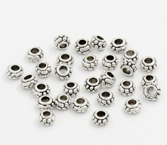 Picture of Zinc Based Alloy Spacer Beads Flower Antique Silver Color Dot Carved About 7mm Dia, Hole:Approx 3mm, 100 PCs