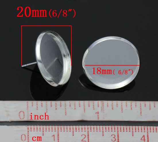 Bild von Messing Ohrring Fassung Rund Versilbert für Cabochon (für 18mm D.) 20mm x 14mm, Drahtstärke: (21 gauge), 20 Stück