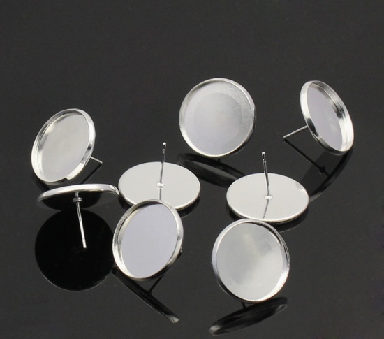 Bild von Messing Ohrring Fassung Rund Versilbert für Cabochon (für 18mm D.) 20mm x 14mm, Drahtstärke: (21 gauge), 20 Stück
