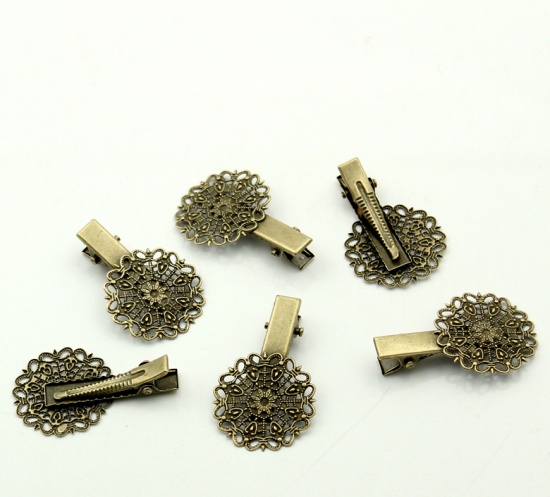 Picture of Alligator Hair Clips Filigree Stamping Flower Antique Bronze 40mm x 25mm, 20 PCs