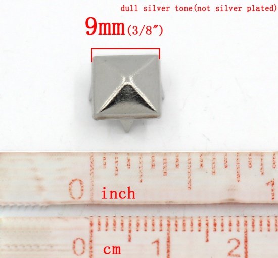 Picture of Copper Spike Rivet Studs Square Pyramid Silver Tone Faceted 9x9mm(3/8"x3/8"), 200 PCs