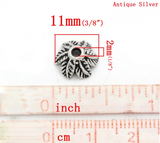 Immagine di Lega di Zinco Coppette Copriperla Fiore Argento Antico (Addetti 12mm-14mm Perline) Foglia Disegno 11mm x 11mm, 100 Pz