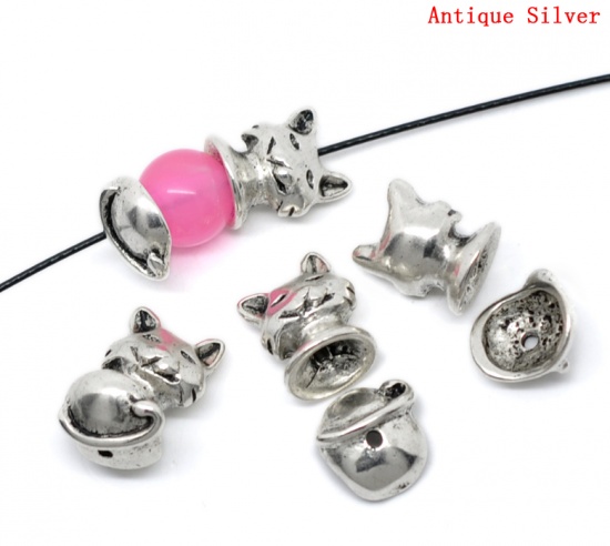 Picture of Zinc Based Alloy Beads Caps Cat Antique Silver Color (Fits 10mm-12mm Beads) 13mm x 16mm 13mm x 14mm, 5 Sets