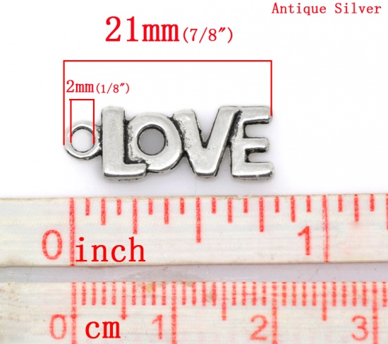 Immagine di Lega di Zinco Charm Ciondoli Alfabeto Argento Antico Striscia Disegno Messaggio LOVE Intagliato 21.0mm x 8.0mm, 50 Pz