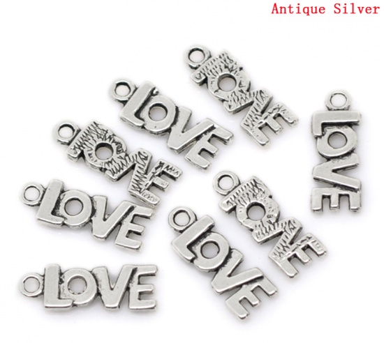 Immagine di Lega di Zinco Charm Ciondoli Alfabeto Argento Antico Striscia Disegno Messaggio LOVE Intagliato 21.0mm x 8.0mm, 50 Pz