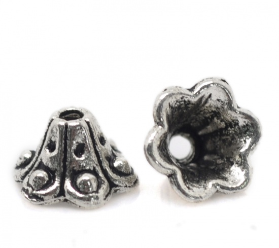 Picture of Zinc Based Alloy Beads Caps Flower Antique Silver Color Dot Carved (Fits 8mm-10mm Beads) 10mm x 5mm, 100 PCs