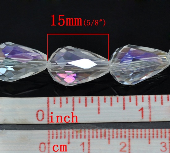 クリスタルガラスビーズ 滴 白 ABカラー 透明 ファセット・カット 約 15mm x 10mm、 穴：約 1.5mm、 75cm長さ、 1 連 （約 50PCS /一連） の画像