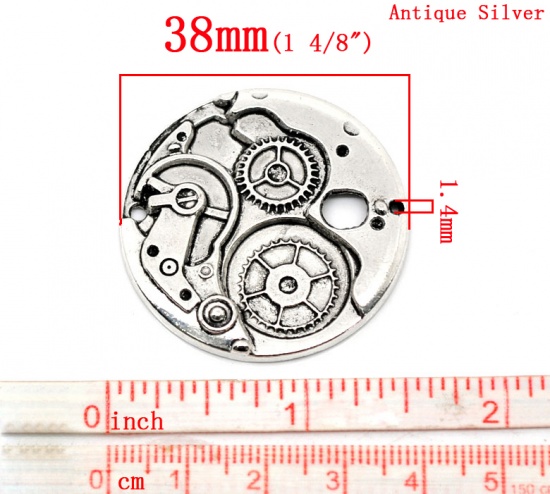 Immagine di Lega di Zinco Steampunk Charm Ciondoli Tondo Argento Antico Ingranaggio Disegno 3.8cm Dia, 5 Pz