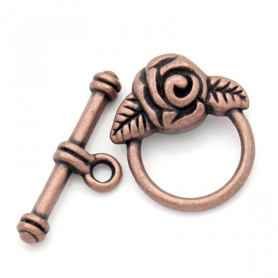 Picture of Zinc Based Alloy Toggle Clasps Round Antique Copper Flower Carved 19mm x 17mm 23mm x 7mm, 20 Sets