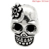 Picture of Zinc Based Alloy Day Of The Dead Slider Beads Sugar Skull Antique Silver Flower Carved About 20mm x 13mm, Hole:Approx 10mm x 7mm, 10 PCs