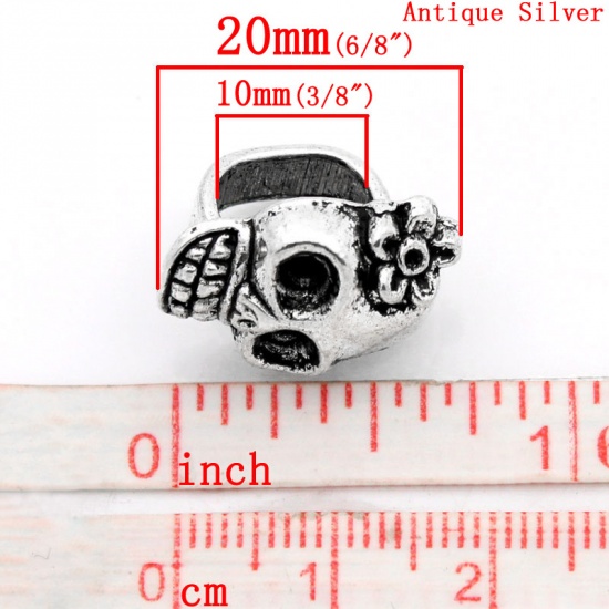 Picture of Zinc Based Alloy Day Of The Dead Slider Beads Sugar Skull Antique Silver Color Flower Carved About 20mm x 13mm, Hole:Approx 10mm x 7mm, 10 PCs