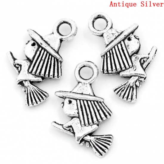 Picture of Zinc Based Alloy Charms Halloween Witch & Broom Antique Silver Color 13x10mm( 4/8"x 3/8"), 50 PCs