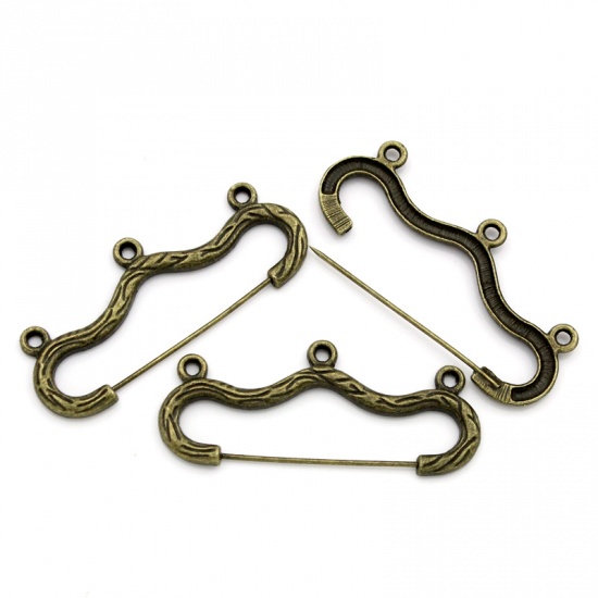 Picture of Zinc Based Alloy Safety Pin Brooches Findings Bow Antique Bronze W/ 3 Loop 46mm(1 6/8") x 20mm( 6/8"), 10 PCs