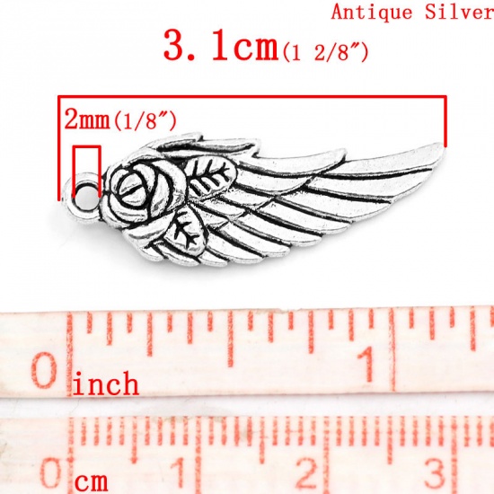 Picture of Zinc Based Alloy Pendants Angel Wing Antique Silver Flower Carved 31mm(1 2/8") x 11mm( 3/8"), 30 PCs