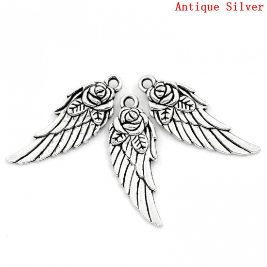 Picture of Zinc Based Alloy Pendants Angel Wing Antique Silver Flower Carved 31mm(1 2/8") x 11mm( 3/8"), 30 PCs