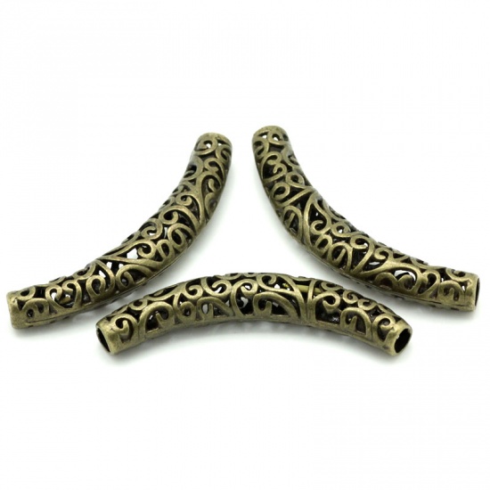Picture of Zinc Based Alloy Spacer Beads Curved Tube Antique Bronze Filigree About 66mm x 11mm, Hole:Approx 5.6mm, 5 PCs
