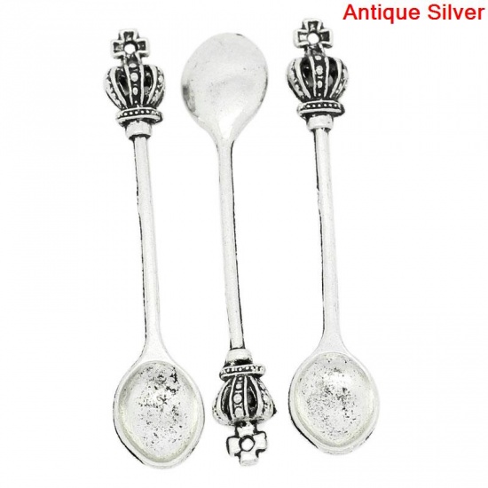 Picture of Zinc Metal Alloy 3D Pendants Spoon Tableware Antique Silver Color Crown Carved 59mm(2 3/8") x 12mm( 4/8"), 10 PCs