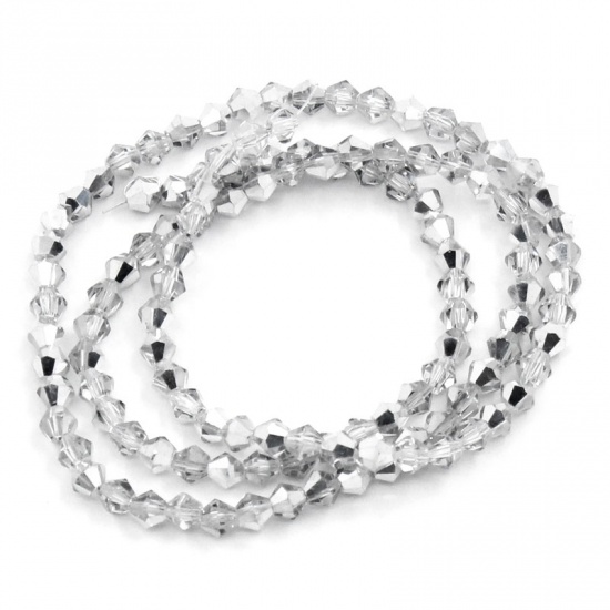 Picture of 3 Strands (Approx 90 PCs/Strand) Glass Beads For DIY Charm Jewelry Making Bicone Silver Tone Two Tone Transparent Faceted About 4mm x 4mm, Hole: Approx 0.5mm, 36cm(14 1/8") long