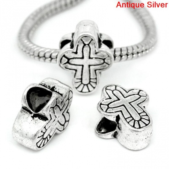 Picture of Zinc Metal Alloy European Style Large Hole Charm Beads Cross Antique Silver Color 14x11mm, Hole: Approx 4.8mm, 20 PCs