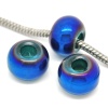Picture of Glass European Style Large Hole Charm Beads Round Blue AB Color About 15mm Dia, Hole: Approx 6.8mm, 30 PCs