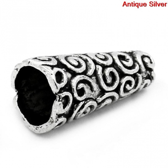 Picture of Zinc Based Alloy Spacer Beads Cone Antique Silver Color Carved About 18mm x 9mm, Hole:Approx 2mm, 50 PCs