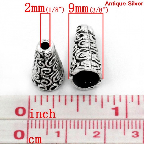 Picture of Zinc Based Alloy Spacer Beads Cone Antique Silver Color Carved About 18mm x 9mm, Hole:Approx 2mm, 50 PCs