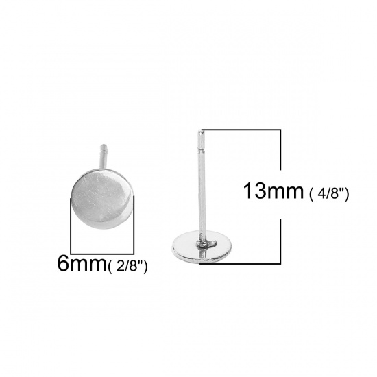 Bild von 304 Edelstahl Ohrring Fassung Rund Silberfarbe für Cabochon (für 6mm D.) Zum Aufkleben 13mm x 6mm, Drahtstärke: (21 gauge), 100 Stück