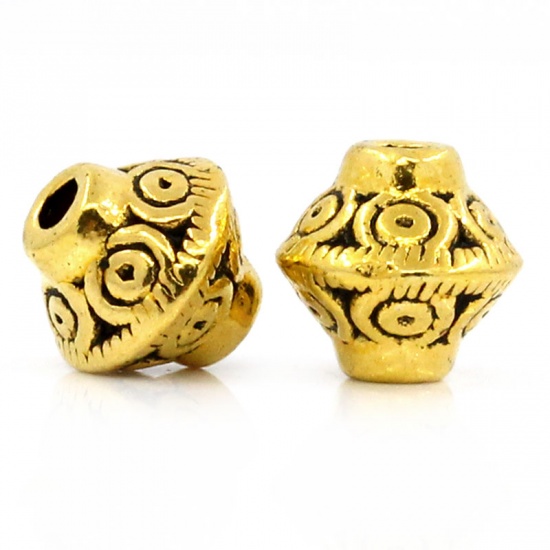 Picture of Zinc Based Alloy Spacer Beads Bicone Gold Tone Antique Gold Carved About 7mm x 6mm, Hole:Approx 1mm, 100 PCs